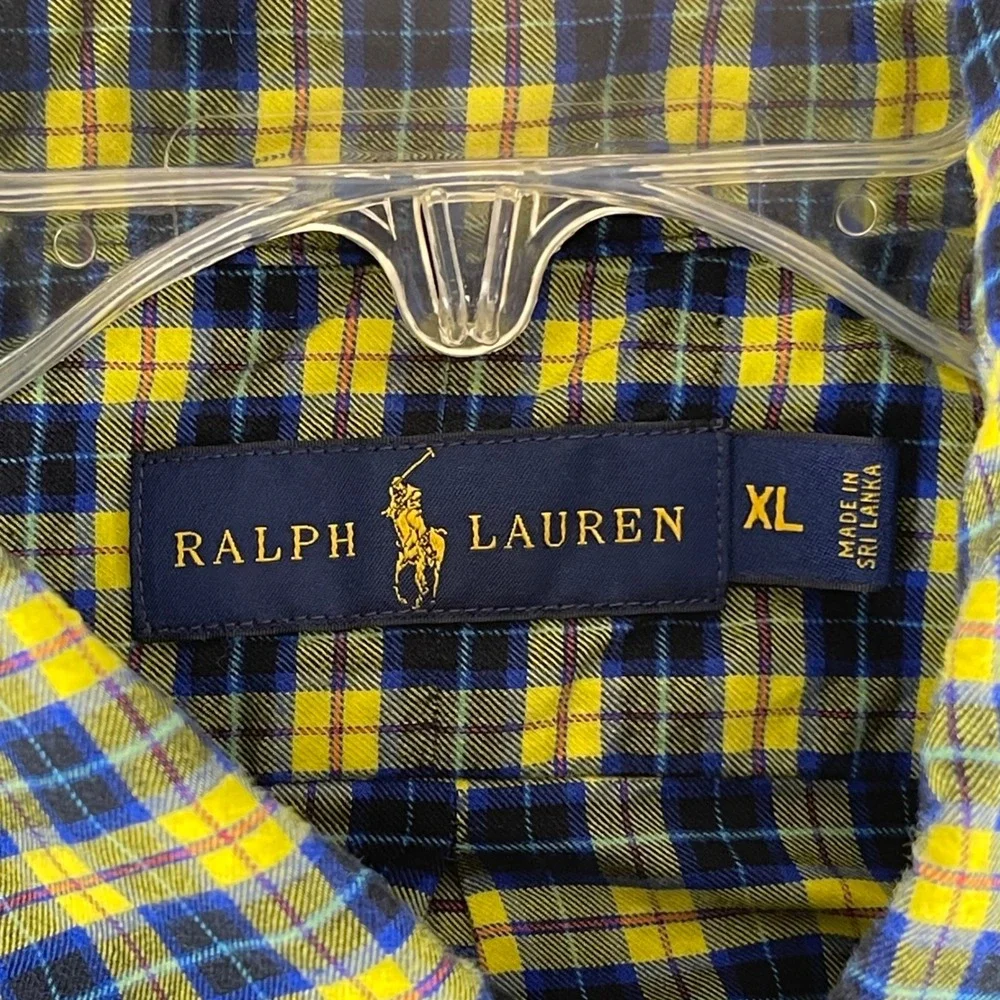Polo‎ Ralph Lauren Plaid Shirt Mens XL Yellow Navy Blue Classic Fit Cotton